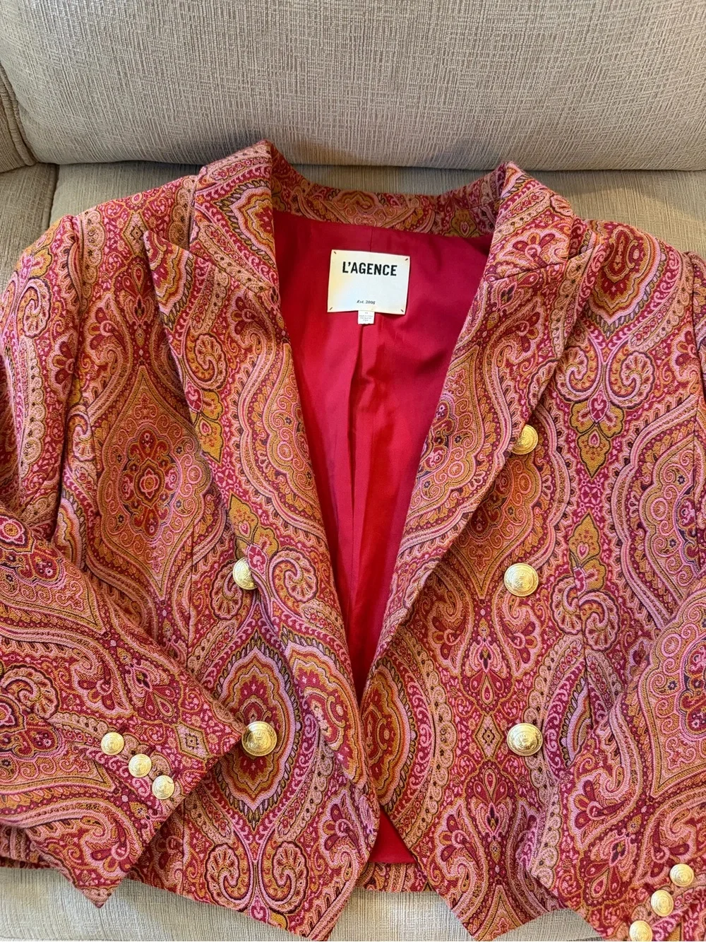 L'AGENCE Coral Paisley Double-Breasted Cropped Blazer